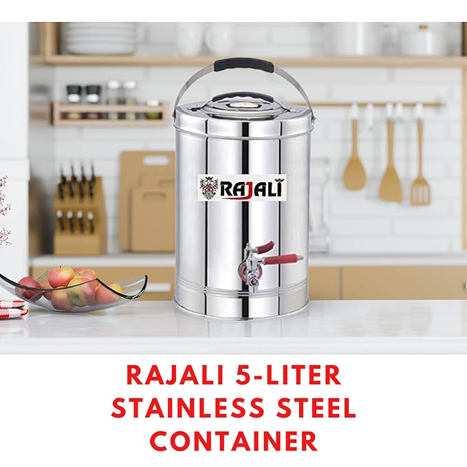 RAJALI Stainless Steel Tea Container With Tap- Eco-Friendly Hot/Cold Dispenser, Overnight Storage, Ideal As Chai Kettle For Canteen Kitchen Or Function