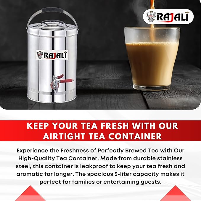 RAJALI Stainless Steel Tea Container With Tap- Eco-Friendly Hot/Cold Dispenser, Overnight Storage, Ideal As Chai Kettle For Canteen Kitchen Or Function