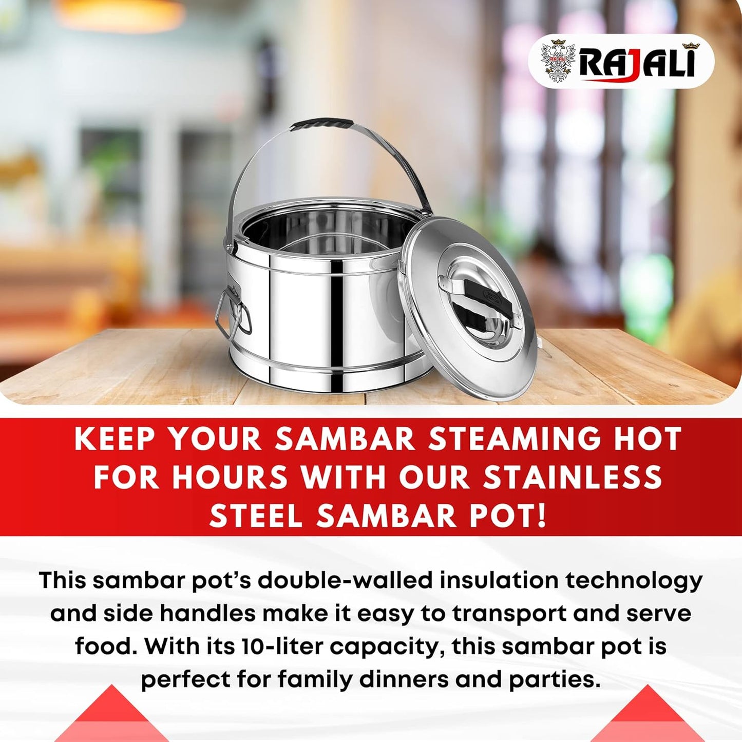Rajali Stainless Steel Sambar Pot | Elegant & Durable Container Casserole with Side Handles | Even Heat Distribution, Induction Compatible | Versatile Capacity for Gravies, Sambar