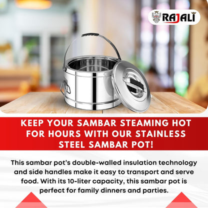 Rajali Stainless Steel Sambar Pot | Elegant & Durable Container Casserole with Side Handles | Even Heat Distribution, Induction Compatible | Versatile Capacity for Gravies, Sambar