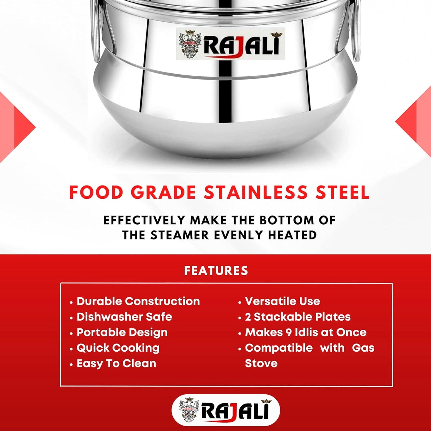 Rajali IDLI Pot | Stainless Steel High Food Grade Idly Pot/Idli Cooker/Idli Maker | Gas Stove Compatible Idli Maker | Kitchen Accessories | Silver