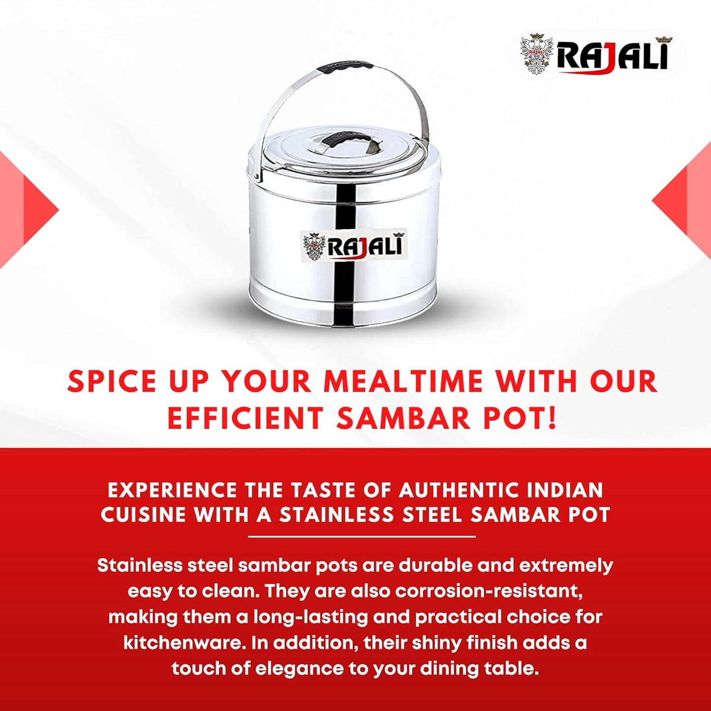 Rajali Stainless Steel Sambar Pot | Elegant & Durable Container Casserole with Side Handles | Even Heat Distribution, Induction Compatible | Versatile Capacity for Gravies, Sambar