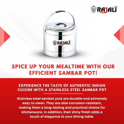 Rajali Stainless Steel Sambar Pot | Elegant & Durable Container Casserole with Side Handles | Even Heat Distribution, Induction Compatible | Versatile Capacity for Gravies, Sambar